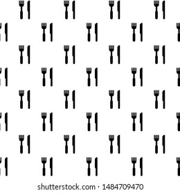 Kitchen seamless pattern. Fork and knife black icon on white. Food court, cafeteria, canteen, restaurant texture for print, paper, fabric, decor, food wrap, background, menu, ads. Vector illustration