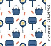 Kitchen Seamless pattern. Frying pan, saucepan, fried eggs, sausages. Cooking elements pattern