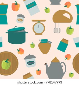 Kitchen seamless pattern with furniture and cooking devices. Vector illustration