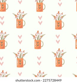 Kitchen seamless pattern with mug and flowers. Simple repeat vector illustration of floral bouquet in tea cup for restaurant, menu, cafe decoration
