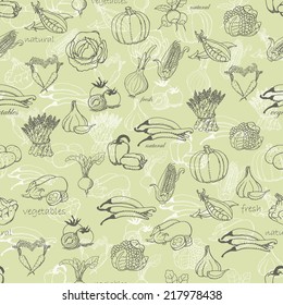Kitchen seamless pattern with a variety of vegetables on light green background. Vector illustration