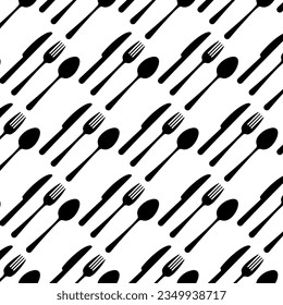 Kitchen seamless pattern vector with fork, spoon and knife. Kitchen items silhouette