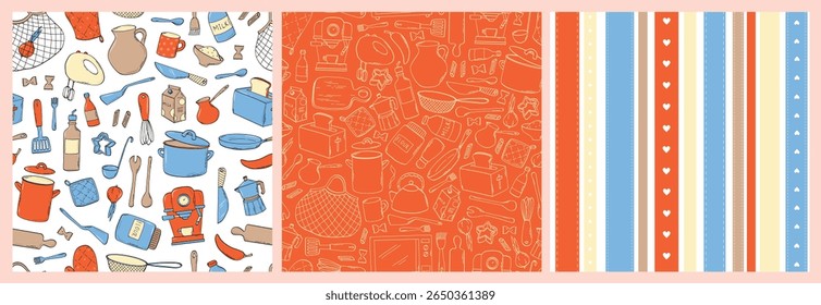 Kitchen seamless patterns decorated with doodles of kitchen utensils for textile prints, wallpaper, wrapping paper, scrapbooking, stationery, etc. EPS 10
