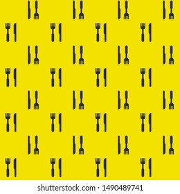 Kitchen seamless yellow pattern. Fork and knife simple icon. Food court, cafeteria, canteen, restaurant texture for print, paper, fabric, decor, food wrap, background, menu, ads. Vector illustration
