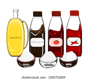 Kitchen seasoning, bottles, vegetable oil, seasoning chops, tomatoes, chilli sauce, fish sauce, sugar, salt and cooking flour,
