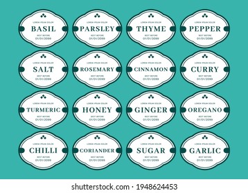 Kitchen Seasoning Jar Label Sticker Classic Vintage Style Set In Tosca Color