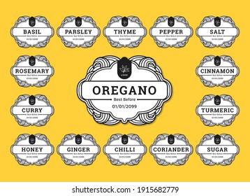 Kitchen Seasoning Pantry Label Sticker Set Collection Black White Western Heraldic Style