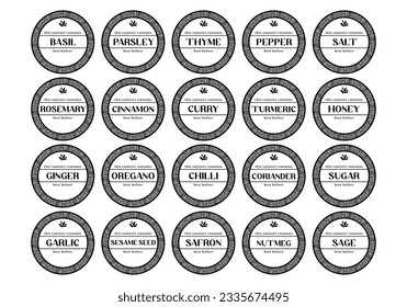 Kitchen seasoning pantry label sticker set in round shape with african aztec like pattern decoration