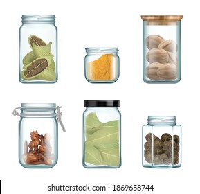 Kitchen seasoning. Spices in glass bottles and jar gourmet herbs for cooking vector natural products realistic set