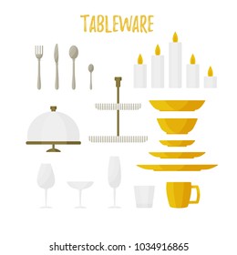Kitchen serveware set. Dinnerware or tableware collection. Candles. Silverware. Color icons set, graphic elements, objects for website, web banner, infographics. Flat cartoon design. Vector