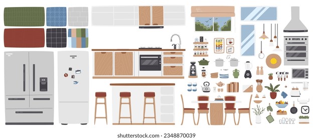 Kitchen set with appliances and utensils. Dining room furniture objects isolated. Kitchen interior element set. Home related indoor elements. Mid century collection hand drawn flat vector illustration