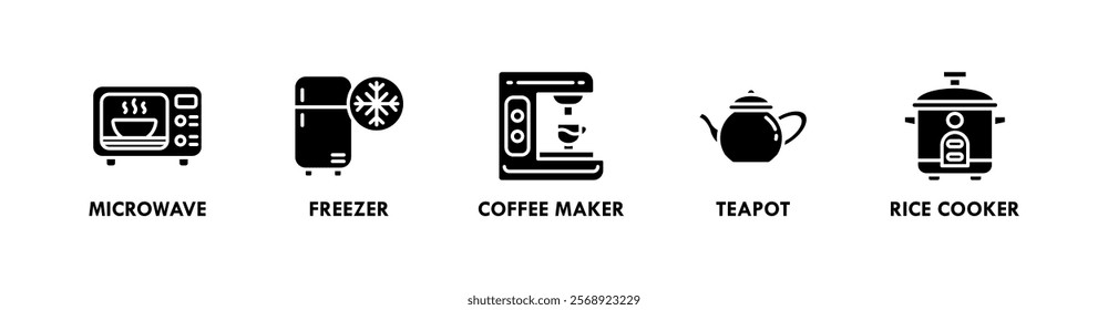 Kitchen Set banner web icon illustration concept with icon of microwave, freezer, coffee maker, teapot, and rice cooker