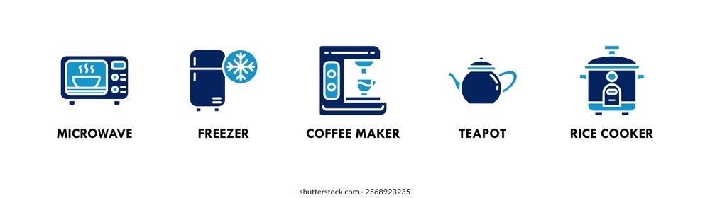 Kitchen Set banner web icon illustration concept with icon of microwave, freezer, coffee maker, teapot, and rice cooker