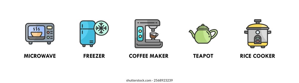 Kitchen Set banner web icon illustration concept with icon of microwave, freezer, coffee maker, teapot, and rice cooker