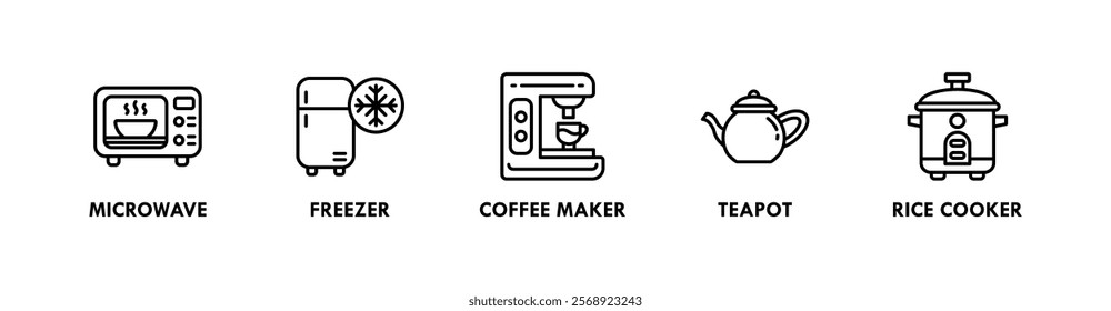 Kitchen Set banner web icon illustration concept with icon of microwave, freezer, coffee maker, teapot, and rice cooker