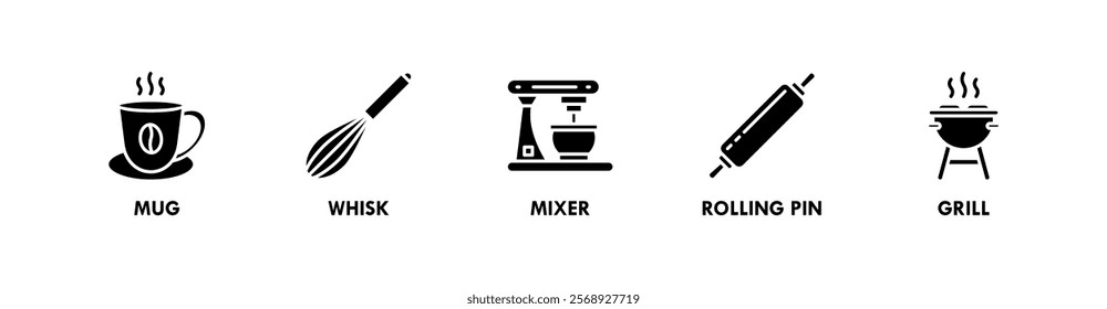 Kitchen Set banner web icon illustration concept with icon of mug, whisk, mixer, rolling pin, and grill