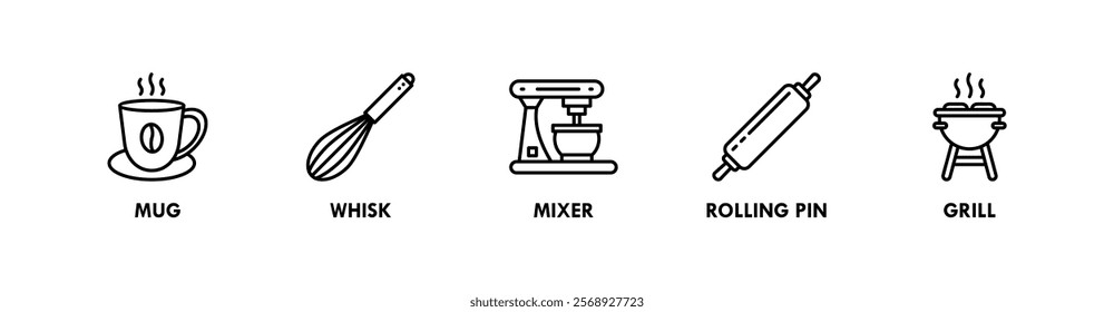 Kitchen Set banner web icon illustration concept with icon of mug, whisk, mixer, rolling pin, and grill