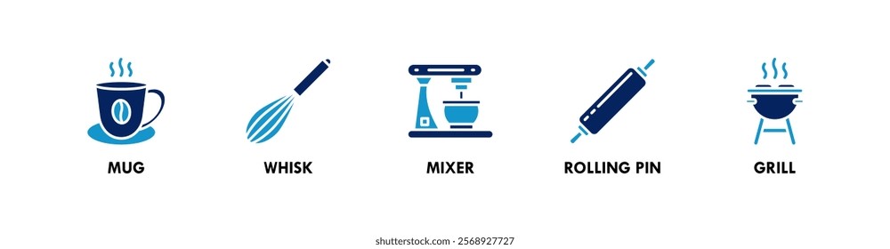 Kitchen Set banner web icon illustration concept with icon of mug, whisk, mixer, rolling pin, and grill