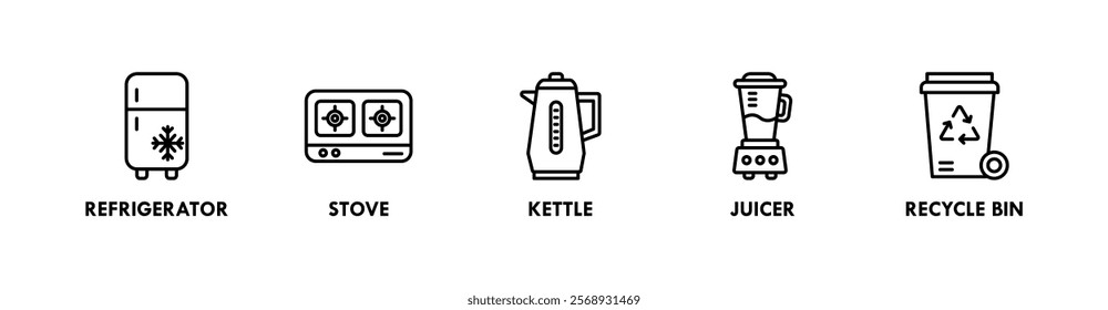 Kitchen Set banner web icon illustration concept with icon of refrigerator, stove, kettle, juicer, and recycling bin