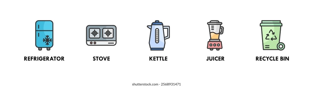 Kitchen Set banner web icon illustration concept with icon of refrigerator, stove, kettle, juicer, and recycling bin