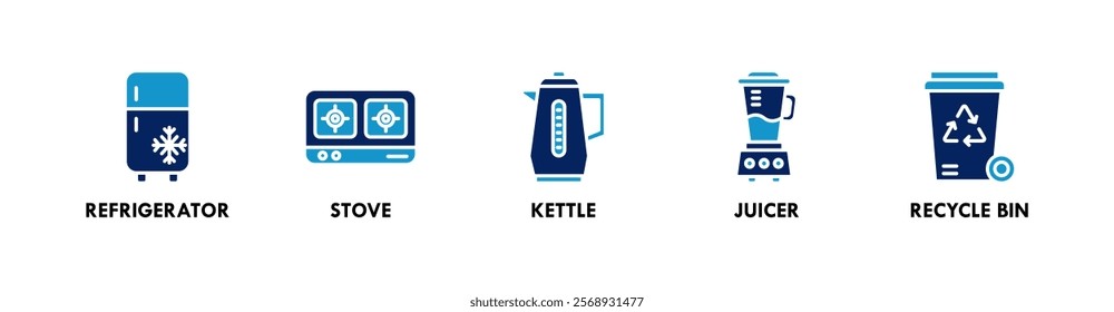 Kitchen Set banner web icon illustration concept with icon of refrigerator, stove, kettle, juicer, and recycling bin