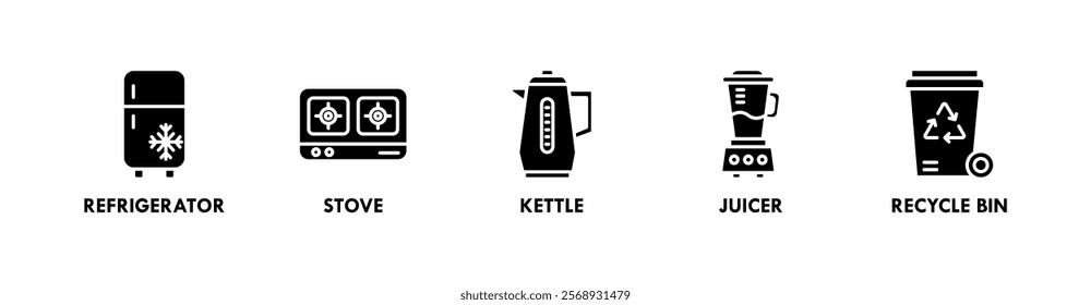 Kitchen Set banner web icon illustration concept with icon of refrigerator, stove, kettle, juicer, and recycling bin