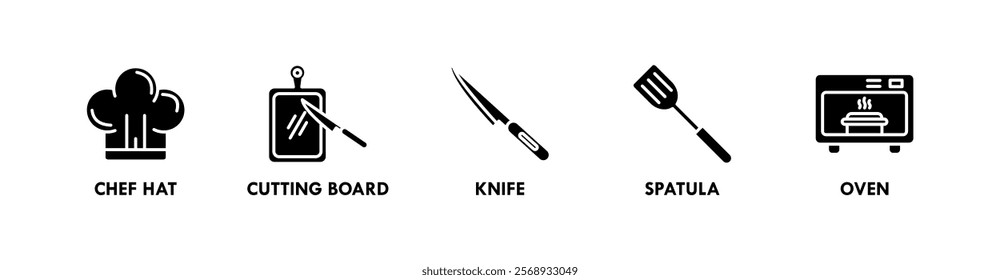 Kitchen Set banner web icon illustration concept with icon of chef hat, cutting board, knife, spatula, and oven