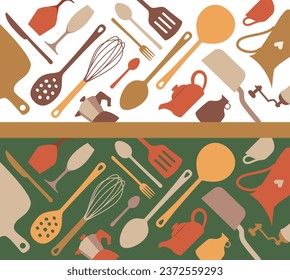 Kitchen set banners. Kitchenware cooking supply store. Cookware, kitchenware, kitchen tools collection. Pattern with knife, fork, spoon, pan, pot, spatula set. Vector cooking poster.