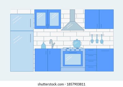 Kitchen set blue cold color, kitchen furniture design. Flat style vector illustration.