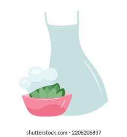 Kitchen set, cap, salad bowl, apron. Realistic chef concept with white hat, vegetable dish and apron. Vegetarian product. Isolated vector illustration. cartoon flat style, icon, avatar, art clip.