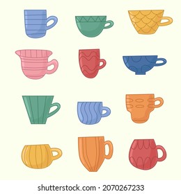 Kitchen set of ceramic cups for tea and coffee in a flat cartoon style. Vector illustration on a light background.