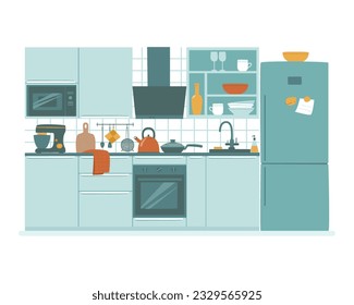 Kitchen set with crockery and household appliances. Refrigerator, kitchen, microwave, dishes. Kitchen furniture with accessories. Flat vector illustration.