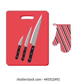 Kitchen set. Cutting board, knives and an oven mitt. Flat design. Isolated objects on white background. Vector illustration.