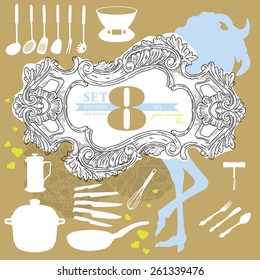 Kitchen set for design. Collection of hand - drawn kitchen related objects on background.