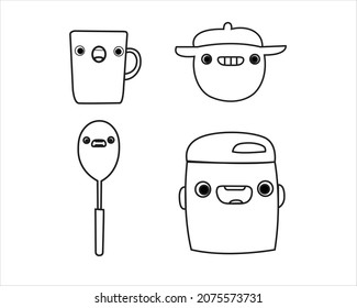 diseño de conjunto de cocina boceto estilo plano blanco y negro y para colorear