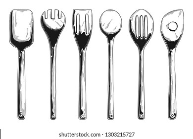 Kitchen set of different wooden spoons. Vector illustration