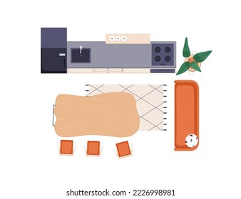 Cocina y mesa de comedor con vistas a la azotea. Habitación en la azotea con mobiliario, zona de comida y cocina. Cocina casera, frigorífico, sillas, sofá, decoración interior. Ilustración vectorial plana aislada en fondo blanco