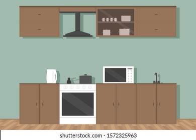 Kitchen set and electric oven. Vector illustration.