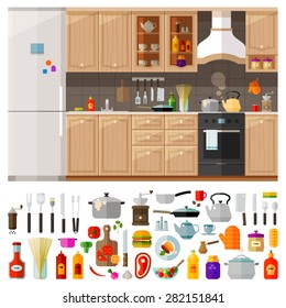 kitchen. set of elements - utensils, tools, food, kettle, pot, knife, spices, noodles, coffee grinder, refrigerator, furniture, ketchup, stove, oil, frying pan and other