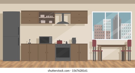 Kitchen set, fridge, oven and cooker hood. Vector illustration.