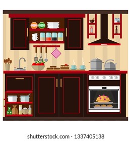 Kitchen with a set of furniture. The cozy interior of the room with a stove, wardrobe and utensils. Flat style vector illustration.