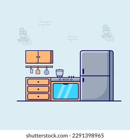 Kitchen Set Furniture Vector, Illustration, Flat Icon