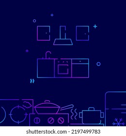 Kitchen set gradient line vector icon, simple illustration on a dark blue background, kitchenware related bottom border.