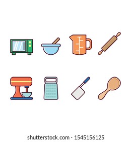 kitchen set green oven blue dish orange  water container brown rolling-pin mixer icon in flat style isolated. Vector Symbol illustration.
