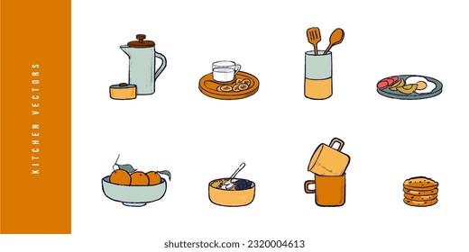 Kitchen set hand-drawn illustration of cooking tools and dishes. Kitchen items, cooking equipment vector drawing. 