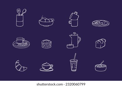 Kitchen set hand-drawn illustration of cooking tools and dishes. Kitchen items, cooking equipment vector drawing.