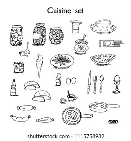 Kitchen set hand-drawn line sketches food, dishes, cooking