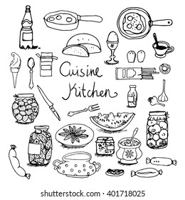 Kitchen set hand-drawn line sketches food, dishes, cooking