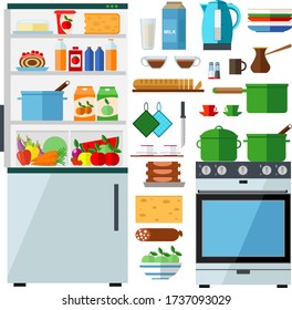 Kitchen set: household appliances, food, dishes. Vector illustration on the theme of cooking.