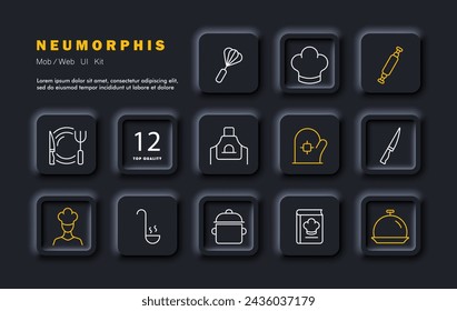 Kitchen set icon. Kitchen utensils, rolling pin, chef's hat, knife, whisk, recipe book, cook, serving bowl and serving dish, saucepan, ladle, mitt and apron. Neomorphism style. Vector line icon